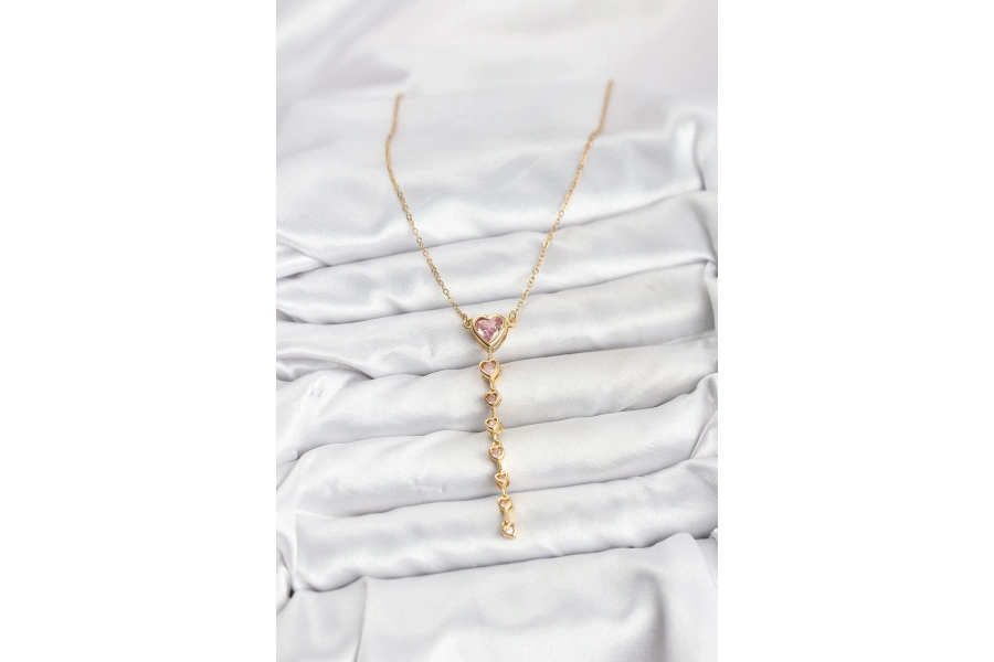 Shoecide 316l Çelik Zincir Gold Renk Pembe Kalp Kadın Kolye