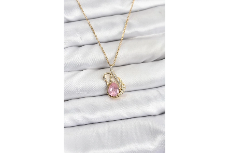Shoecide 316l Çelik Zincir Gold Renk Pembe Kuğu Model Zirkon Taşlı Kadın Kolye