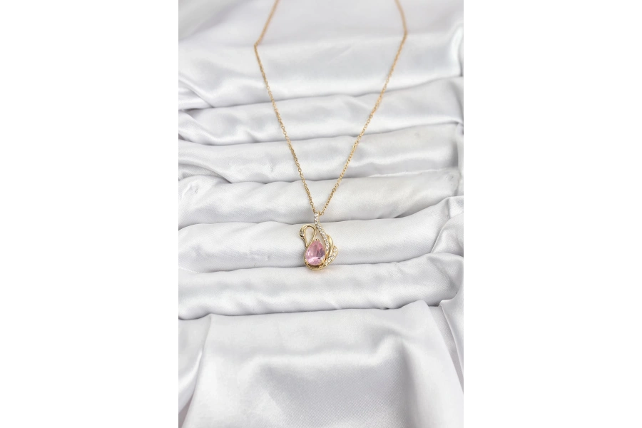 Shoecide 316l Çelik Zincir Gold Renk Pembe Kuğu Model Zirkon Taşlı Kadın Kolye