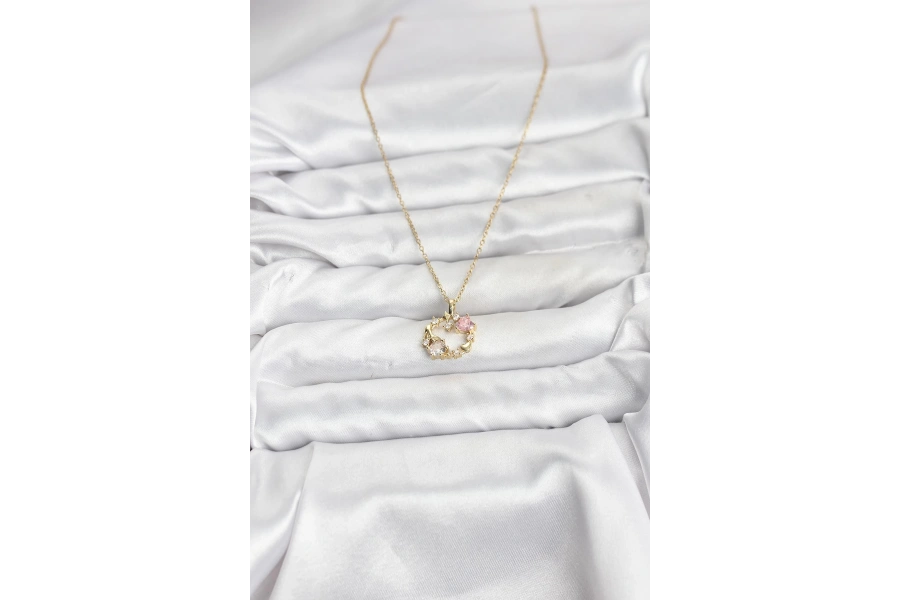 Shoecide 316l Çelik Zincir Gold Renk Pembe Taş Detaylı Çelenk Model Kadın Kolye