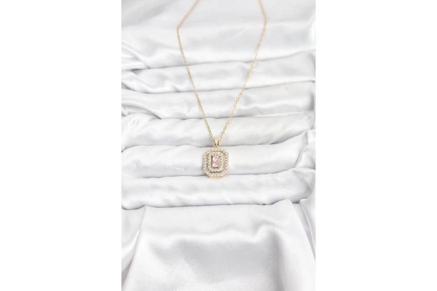 Shoecide 316l Çelik Zincir Gold Renk Plaka Model Zirkon Taşlı Kadın Kolye