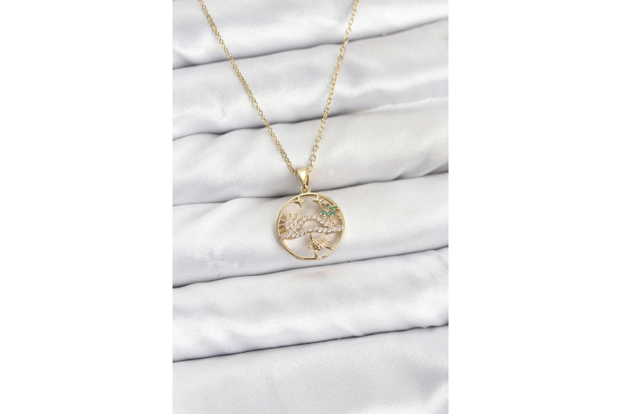 Shoecide 316l Çelik Zincir Gold Renk Şans Kolyesi Model Zirkon Taşlı Kadın Kolye