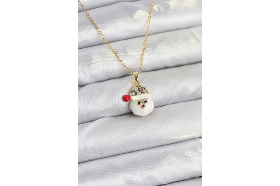 Shoecide 316l Çelik Zincir Gold Renk Şapkalı Kardan Adam Kafası Model Yılbaşı Temalı Kadın Kolye