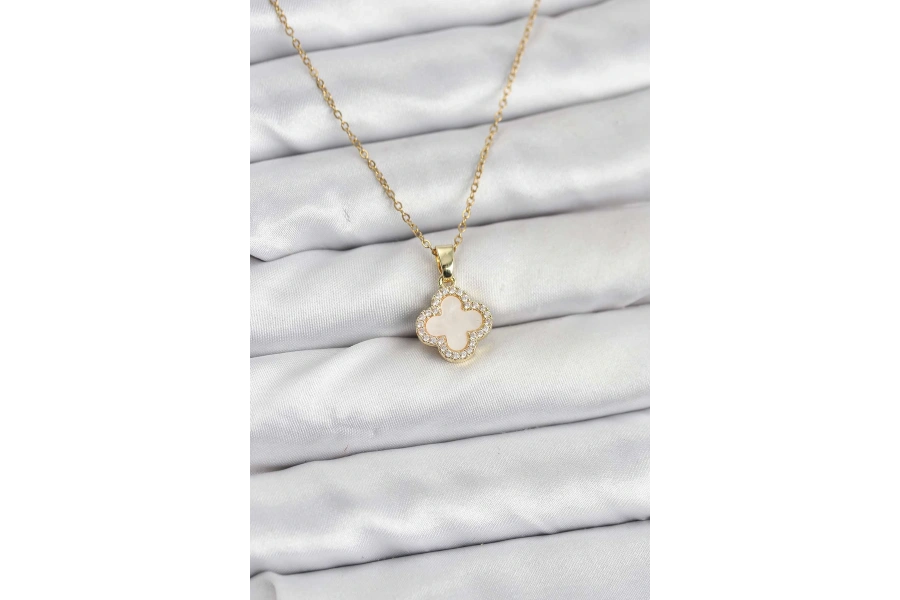 Shoecide 316l Çelik Zincir Gold Renk Sedefli Yonca Kadın Kolye