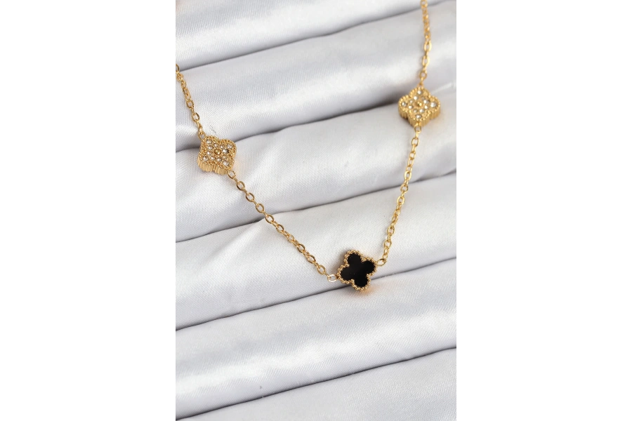 Shoecide 316l Çelik Zincir Gold Renk Siyah Ve Zirkon Taşlı Baby Boy Yonca Kadın Kolye