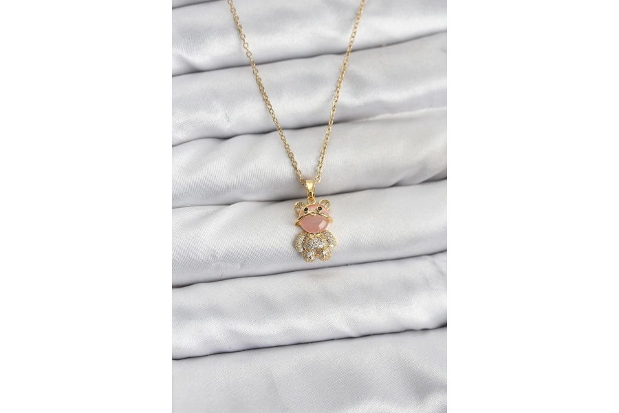 Shoecide 316l Çelik Zincir Gold Renk Teddy Bear Model Zirkon Taşlı Kadın Kolye