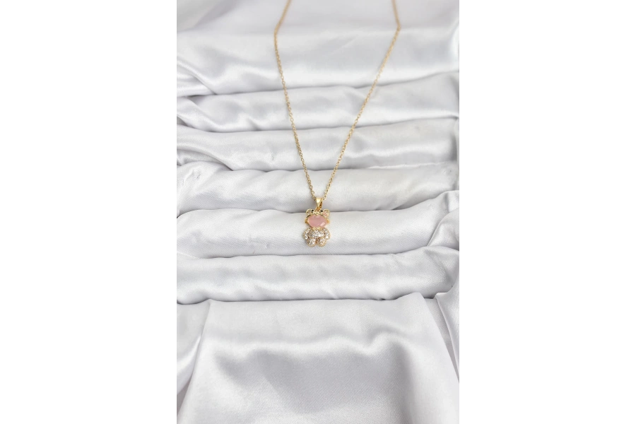 Shoecide 316l Çelik Zincir Gold Renk Teddy Bear Model Zirkon Taşlı Kadın Kolye