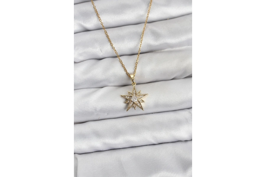 Shoecide 316l Çelik Zincir Gold Renk Yıldız Model Zirkon Taşlı Kadın Kolye