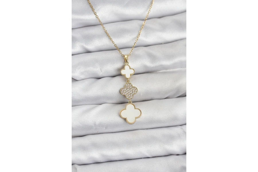 Shoecide 316l Çelik Zincir Gold Renk Yonca Detaylı Zirkon Taşlı Kadın Kolye