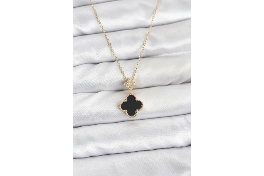 Shoecide 316l Çelik Zincir Gold Renk Yonca Model Zirkon Taşlı Kadın Kolye