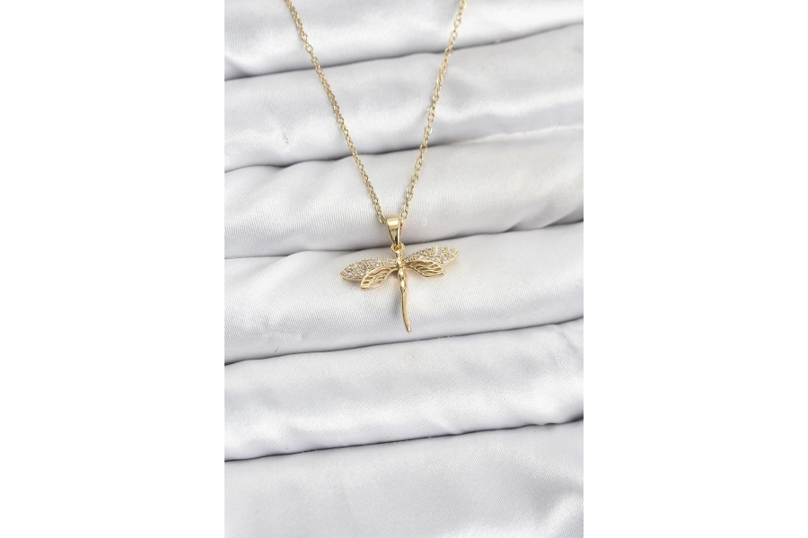 Shoecide 316l Çelik Zincir Gold Renk Yusufçuk Model Zirkon Taşlı Kadın Kolye