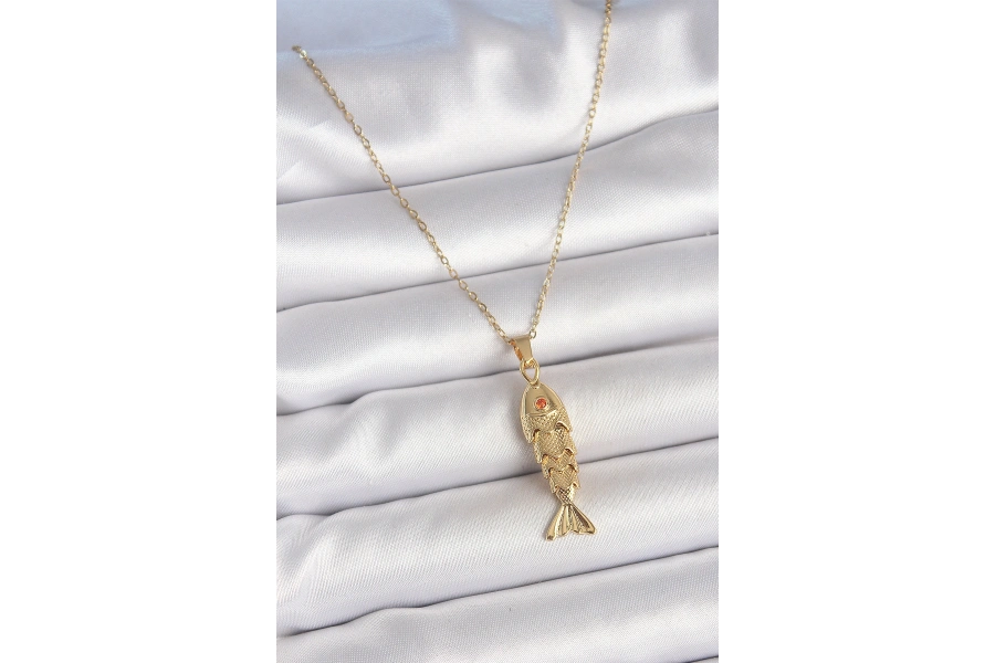 Shoecide 316l Çelik Zincir Gold Renk Zirkon Taşlı Balık Figürlü Kolye