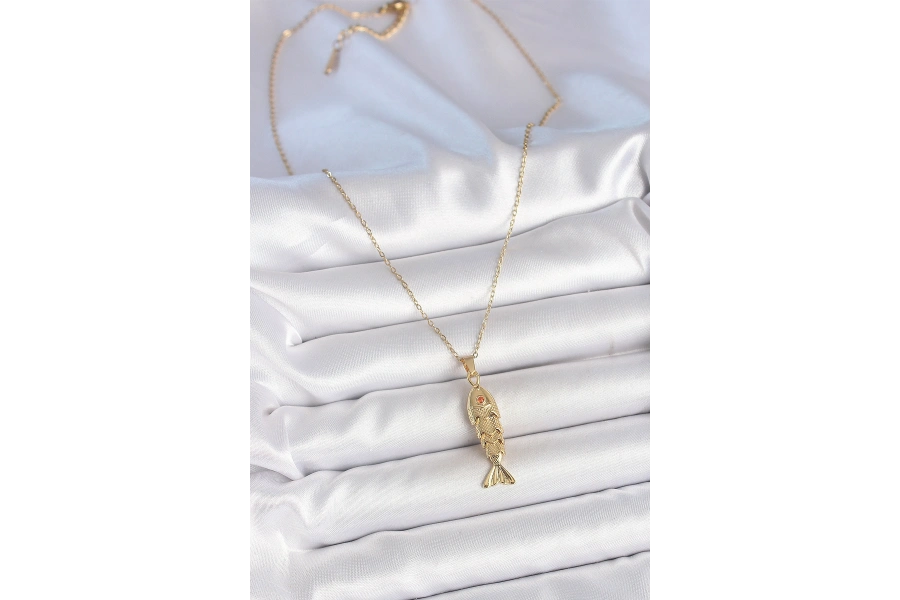 Shoecide 316l Çelik Zincir Gold Renk Zirkon Taşlı Balık Figürlü Kolye