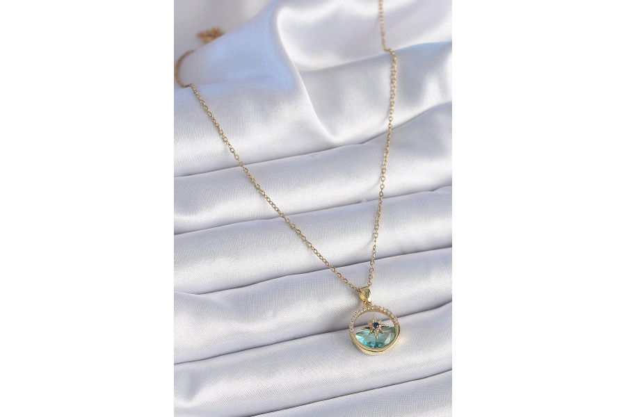 Shoecide 316l Çelik Zincir Gold Renk Zirkon Taşlı Deniz Görünüm Kutup Yıldız Model Kadın Kolye