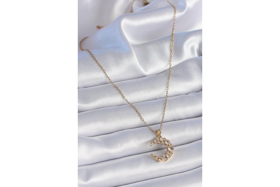 Shoecide 316l Çelik Zincir Gold Renk Zirkon Taşlı Hilal Model Kadın Kolye