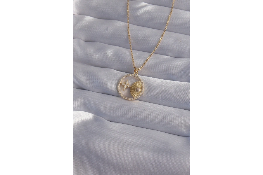 Shoecide 316l Çelik Zincir Gold Renk Zirkon Taşlı Yıldız Figürlü Oval Kolye