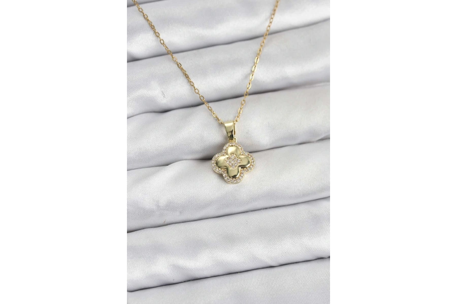 Shoecide 316l Çelik Zincir Gold Renk Zirkon Taşlı Yonca Model Kadın Kolye