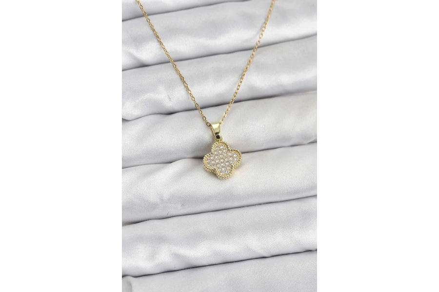 Shoecide 316l Çelik Zincir Gold Renk Zirkon Taşlı Yonca Model Kadın Kolye