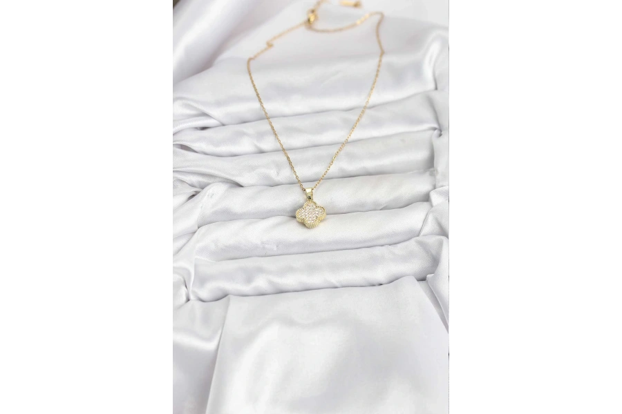 Shoecide 316l Çelik Zincir Gold Renk Zirkon Taşlı Yonca Model Kadın Kolye