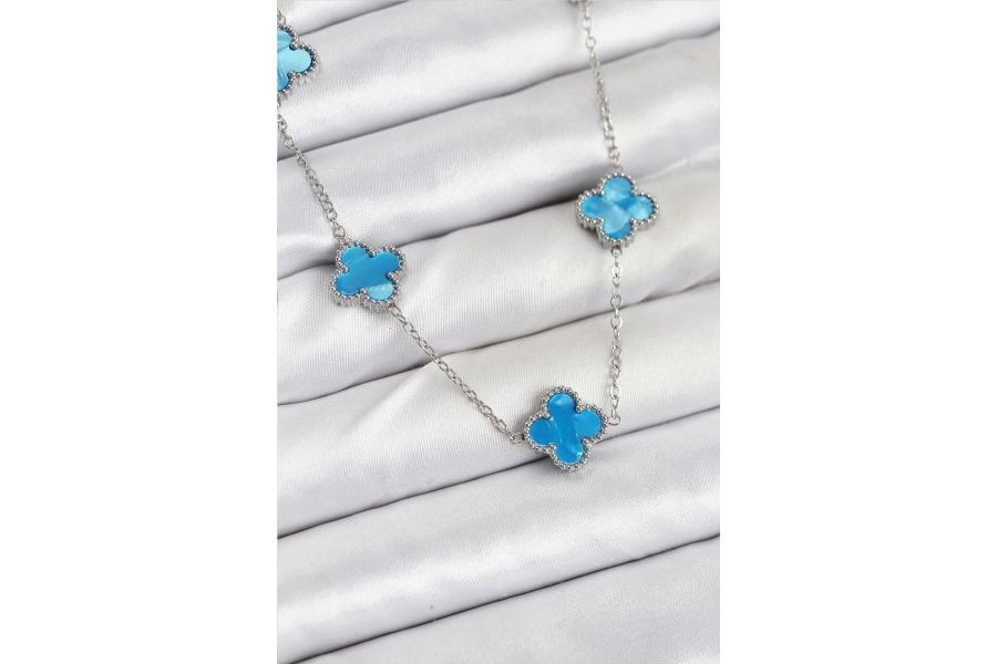 Shoecide 316l Çelik Zincir Gümüş Buz Mavisi Renk Yonca Kadın Kolye