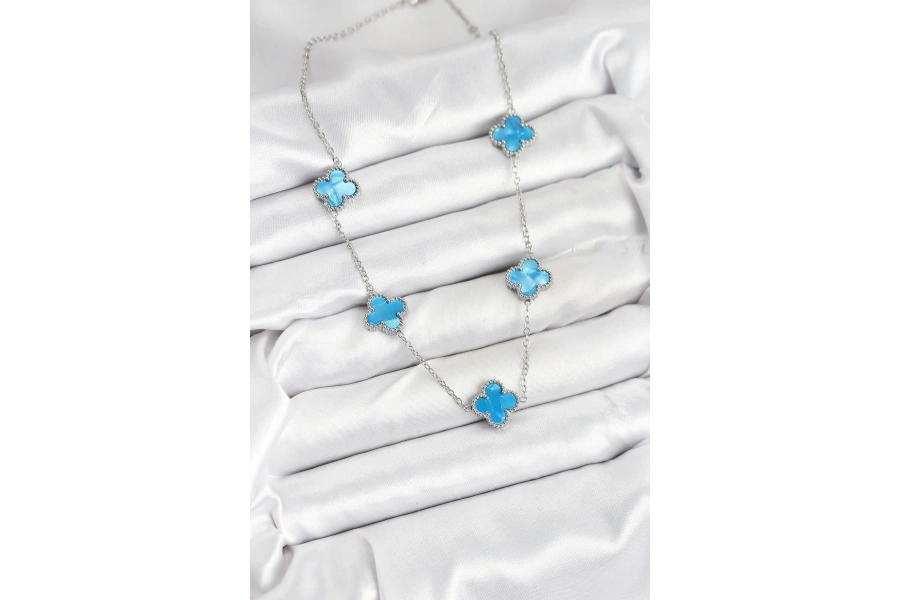 Shoecide 316l Çelik Zincir Gümüş Buz Mavisi Renk Yonca Kadın Kolye