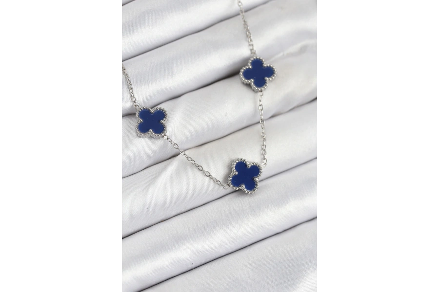 Shoecide 316l Çelik Zincir Gümüş Lacivert Renk Yonca Kadın Kolye