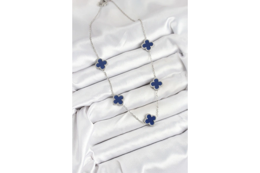 Shoecide 316l Çelik Zincir Gümüş Lacivert Renk Yonca Kadın Kolye