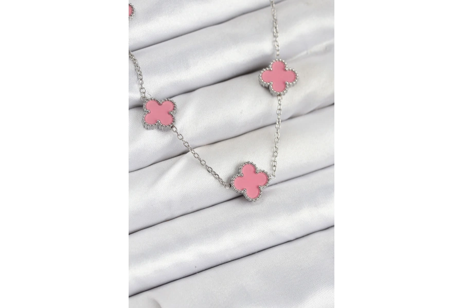 Shoecide 316l Çelik Zincir Gümüş Pembe Renk Yonca Kadın Kolye