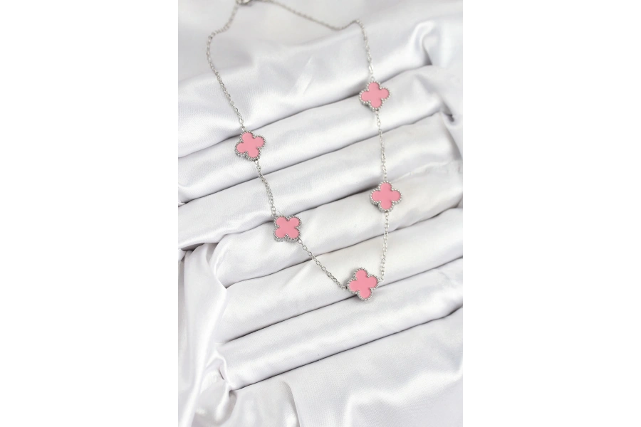 Shoecide 316l Çelik Zincir Gümüş Pembe Renk Yonca Kadın Kolye