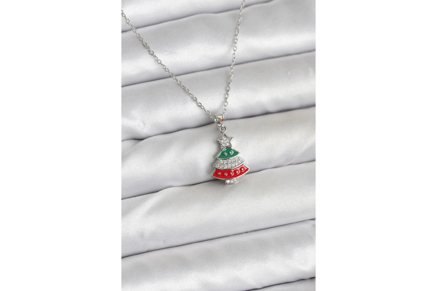 Shoecide 316l Çelik Zincir Gümüş Ren Çam Ağacı Model Zirkon Taşlı Yılbaşı Temalı Kadın Kolye