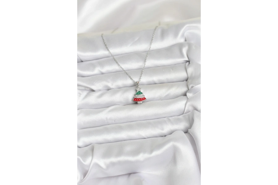 Shoecide 316l Çelik Zincir Gümüş Ren Çam Ağacı Model Zirkon Taşlı Yılbaşı Temalı Kadın Kolye