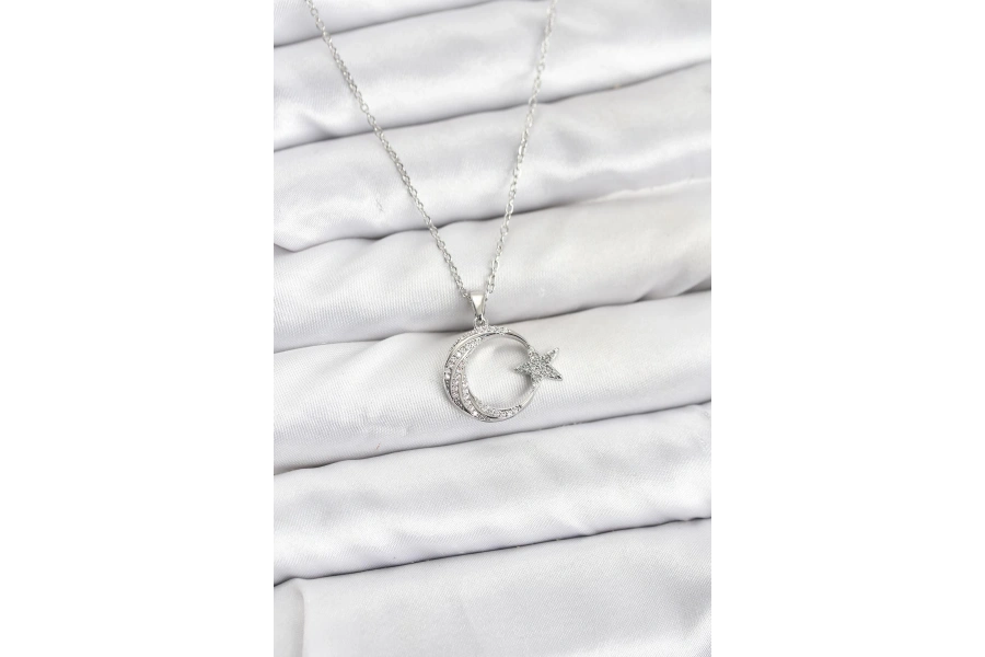 Shoecide 316l Çelik Zincir Gümüş Renk Ay Yıldız Model Zirkon Taşlı Kadın Kolye