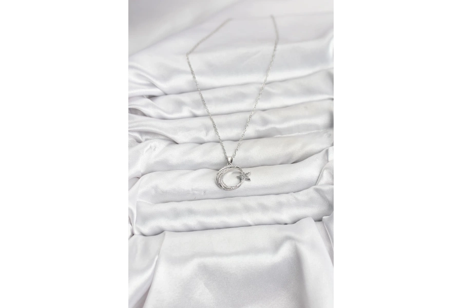 Shoecide 316l Çelik Zincir Gümüş Renk Ay Yıldız Model Zirkon Taşlı Kadın Kolye