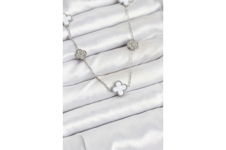 Shoecide 316l Çelik Zincir Gümüş Renk Beyaz Ve Zirkon Taşlı Yonca Kadın Kolye