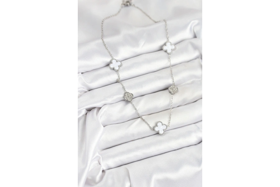 Shoecide 316l Çelik Zincir Gümüş Renk Beyaz Ve Zirkon Taşlı Yonca Kadın Kolye