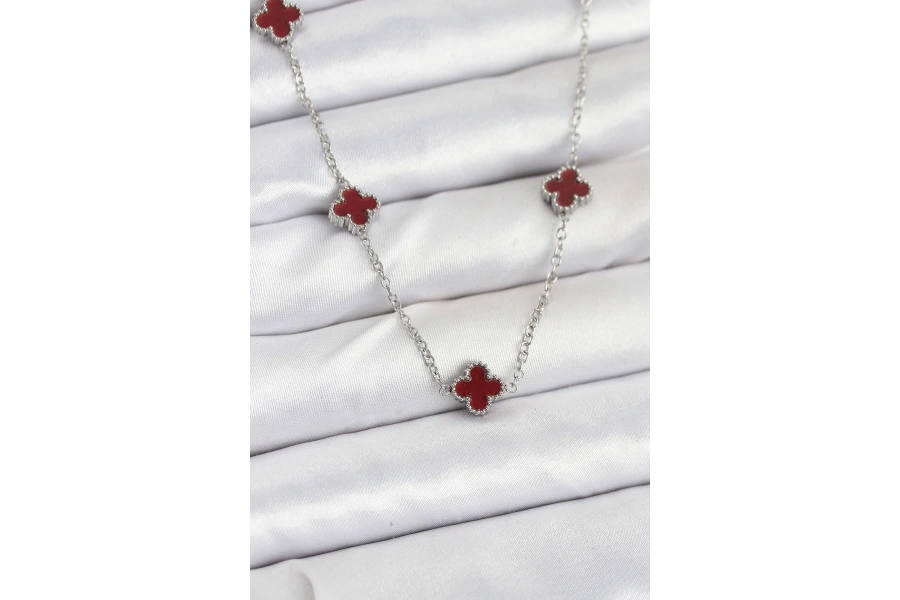 Shoecide 316l Çelik Zincir Gümüş Renk Bordo Baby Boy Yonca Kadın Kolye