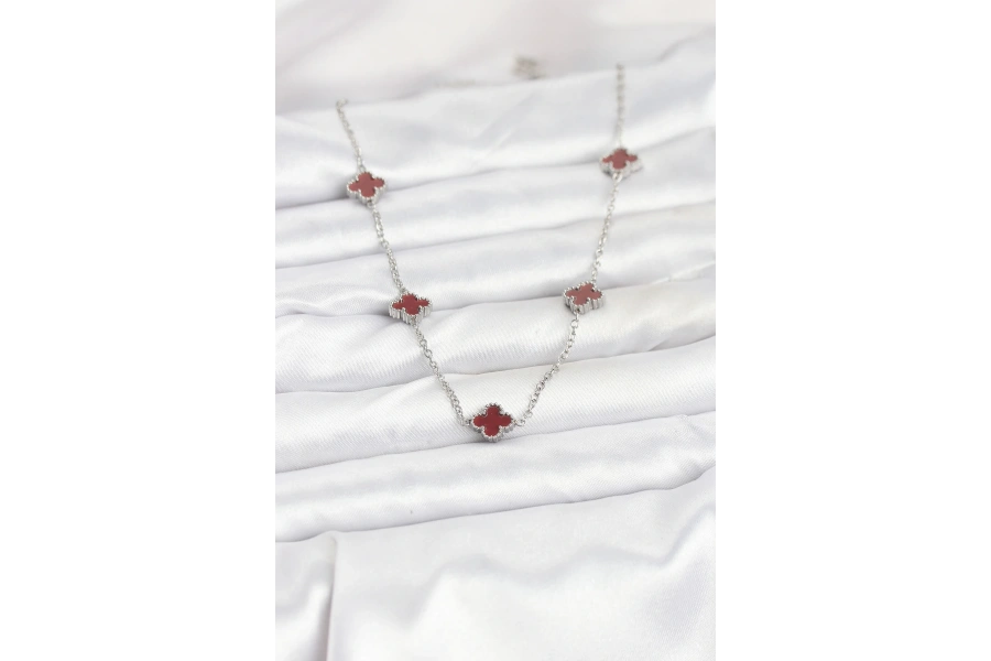 Shoecide 316l Çelik Zincir Gümüş Renk Bordo Baby Boy Yonca Kadın Kolye