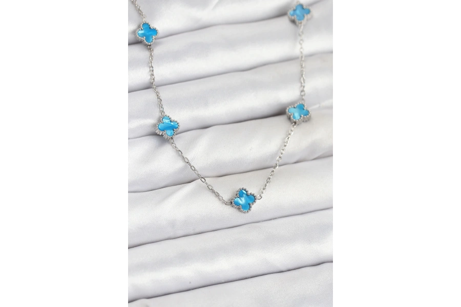 Shoecide 316l Çelik Zincir Gümüş Renk Buz Mavisi Baby Boy Yonca Kadın Kolye