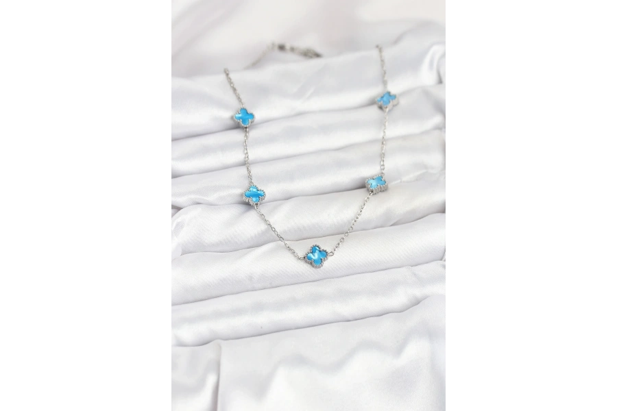 Shoecide 316l Çelik Zincir Gümüş Renk Buz Mavisi Baby Boy Yonca Kadın Kolye