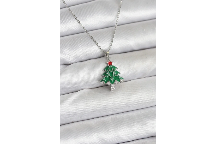 Shoecide 316l Çelik Zincir Gümüş Renk Çam Ağacı Model Yılbaşı Temalı Kadın Kolye