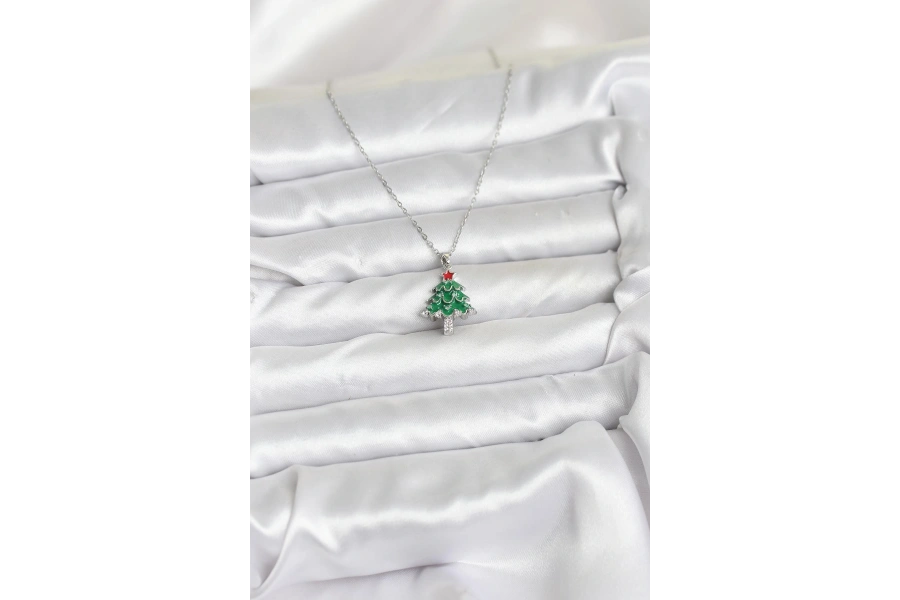 Shoecide 316l Çelik Zincir Gümüş Renk Çam Ağacı Model Yılbaşı Temalı Kadın Kolye