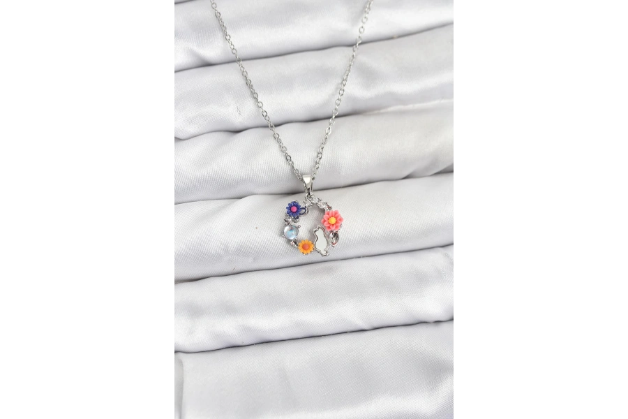 Shoecide 316l Çelik Zincir Gümüş Renk Çiçekli Kedili Model Kadın Kolye