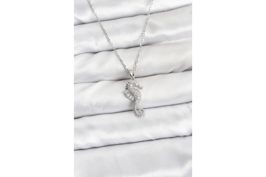 Shoecide 316l Çelik Zincir Gümüş Renk Deniz Atı Model Zirkon Taşlı Kadın Kolye