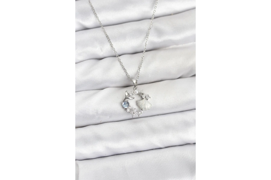 Shoecide 316l Çelik Zincir Gümüş Renk Deniz Tema Model Zirkon Taşlı Kadın Kolye