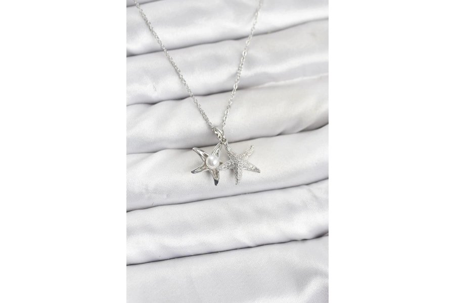 Shoecide 316l Çelik Zincir Gümüş Renk Deniz Yıldızı Model Zirkon Taşlı Kadın Kolye