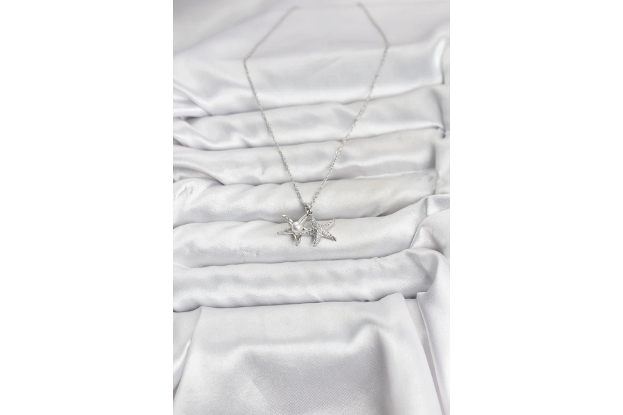 Shoecide 316l Çelik Zincir Gümüş Renk Deniz Yıldızı Model Zirkon Taşlı Kadın Kolye