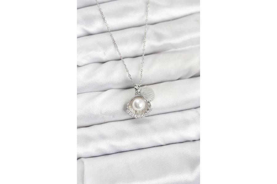 Shoecide 316l Çelik Zincir Gümüş Renk İncili Deniz Kabuğu Model Zirkon Taşlı Kadın Kolye