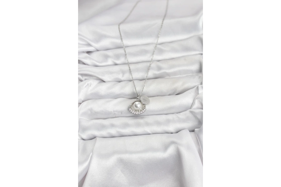 Shoecide 316l Çelik Zincir Gümüş Renk İncili Deniz Kabuğu Model Zirkon Taşlı Kadın Kolye