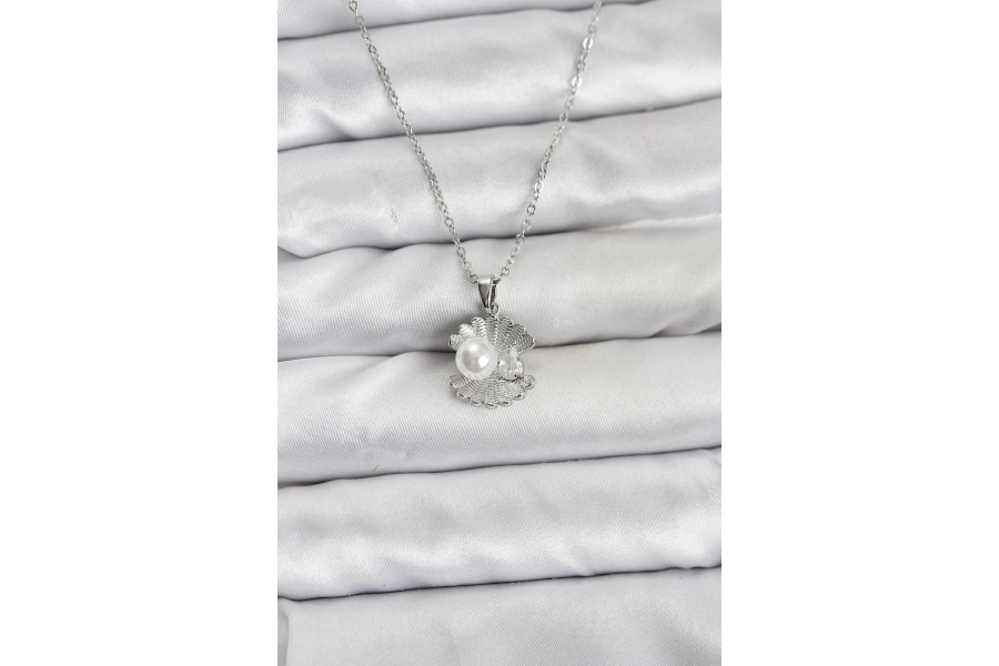 Shoecide 316l Çelik Zincir Gümüş Renk İstiridye İnci Model Zirkon Taşlı Kadın Kolye