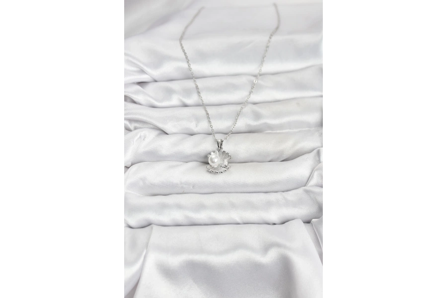 Shoecide 316l Çelik Zincir Gümüş Renk İstiridye İnci Model Zirkon Taşlı Kadın Kolye